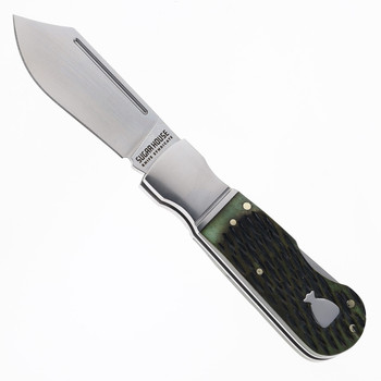 Finch Sugar House Pretty Boy Greenbacks Folding Knife Olive Jigged Bone Handle 14C28N Clip Point Plain Edge Satin Finish