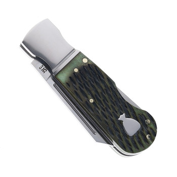 Finch Sugar House Pretty Boy Greenbacks Folding Knife Olive Jigged Bone Handle 14C28N Clip Point Plain Edge Satin Finish