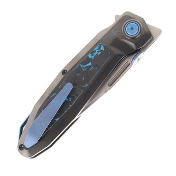 Ketuo Bratva Folding Knife Black DLC Titanium/Blue Marble Carbon Fiber Handle M390 Plain Edge Satin Finish Bratva DLC/S