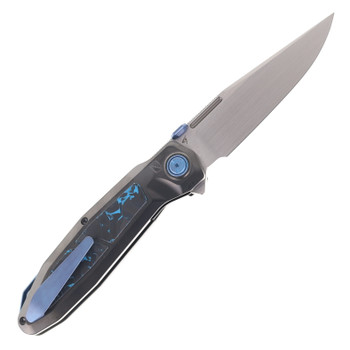 Ketuo Bratva Folding Knife Black DLC Titanium/Blue Marble Carbon Fiber Handle M390 Plain Edge Satin Finish Bratva DLC/S