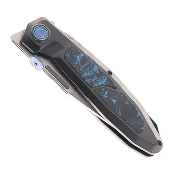 Ketuo Bratva Folding Knife Black DLC Titanium/Blue Marble Carbon Fiber Handle M390 Plain Edge Satin Finish Bratva DLC/S