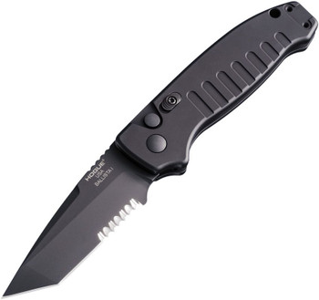 Hogue Ballista Side Opening Automatic Folding Knife 6061-T6 Hard Anodized Aluminum with Fluted Texture Handle Black Cerakote 154CM Tanto Partial Serrated Blade 64120