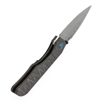 Kansept Mini Lanza Folding Knife Tiger Stripe Titanium Handle Damascus Drop Point Plain Edge K1116A4