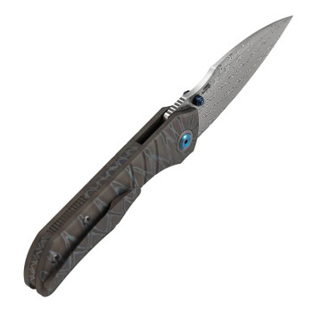 Kansept Mini Lanza Folding Knife Tiger Stripe Titanium Handle Damascus Drop Point Plain Edge K1116A4