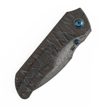 Kansept Mini Lanza Folding Knife Tiger Stripe Titanium Handle Damascus Drop Point Plain Edge K1116A4