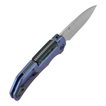 Kansept Hazard Bali Lock Folding Knife Crystallized Titanium/Arctic Storm Fatcarbon Handle Damascus Drop Point Plain Edge K1104H5