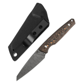 Kansept Parr Fixed Blade Knife Copper Carbon Fiber Handle Damascus Drop Point  Plain Edge G011A5