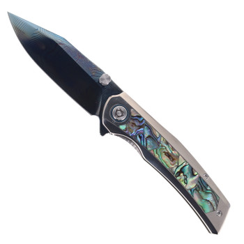 SixLeaf Folding Knife Silver Titanium/Mother of Pearl Handle Damascus Plain Edge Dragon Scale Blade Finish SL-106-8-Dragon