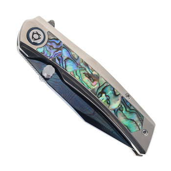 SixLeaf Folding Knife Silver Titanium/Mother of Pearl Handle Damascus Plain Edge Dragon Scale Blade Finish SL-106-8-Dragon