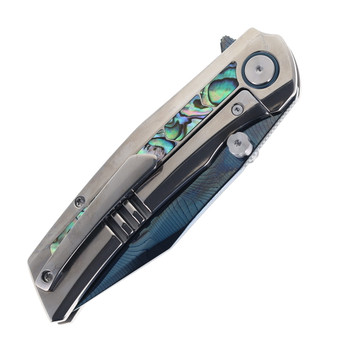 SixLeaf Folding Knife Silver Titanium/Mother of Pearl Handle Damascus Plain Edge Dragon Scale Blade Finish SL-106-8-Dragon