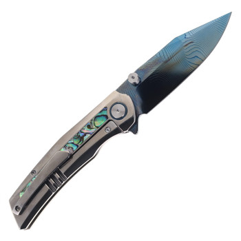 SixLeaf Folding Knife Silver Titanium/Mother of Pearl Handle Damascus Plain Edge Dragon Scale Blade Finish SL-106-8-Dragon