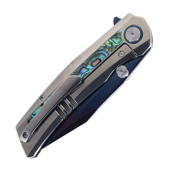 SixLeaf Folding Knife Silver Titanium/Mother of Pearl Handle Damascus Plain Edge Dragon Scale Blade Finish SL-106-7-Dragon