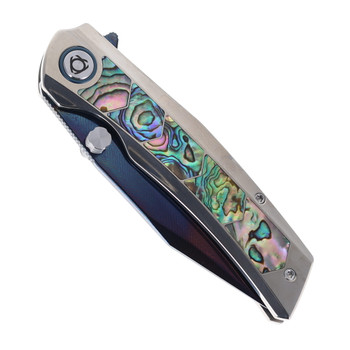 SixLeaf Folding Knife Silver Titanium/Mother of Pearl Handle Damascus Plain Edge Dragon Scale Blade Finish SL-106-7-Dragon
