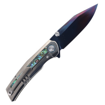 SixLeaf Folding Knife Silver Titanium/Mother of Pearl Handle Damascus Plain Edge Dragon Scale Blade Finish SL-106-7-Dragon