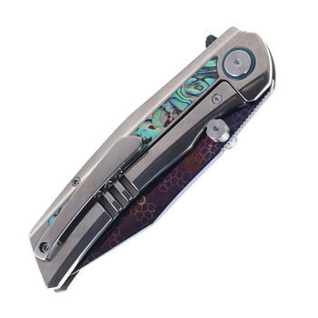 SixLeaf Folding Knife Silver Titanium/Mother of Pearl Handle Damascus Plain Edge Dragon Scale Blade Finish SL-106-4-Dragon