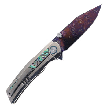 SixLeaf Folding Knife Silver Titanium/Mother of Pearl Handle Damascus Plain Edge Dragon Scale Blade Finish SL-106-4-Dragon