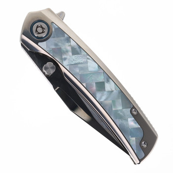 SixLeaf Folding Knife Titanium/Mother of Pearl Handle M390 Plain Edge Mirror Finish Blade SL-104-M390-Mirror-Shell