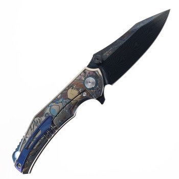 SixLeaf Flipper Folding Knife DLC Damascus Blade Titanium Handle SL-73-2