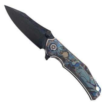 SixLeaf Flipper Folding Knife DLC Damascus Blade Titanium Handle SL-73-2