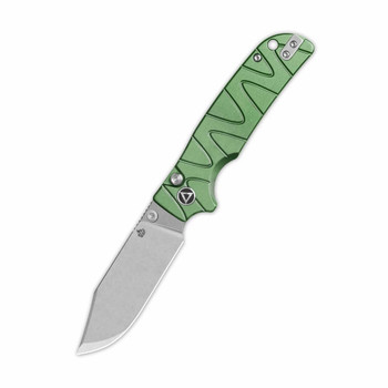 (Button Stick) Open Box/Returned QSP Kali Button Lock Folding Knife Green Aluminum Handle 14C28N Clip Point Plain Edge Stonewash Finish QS159-E1