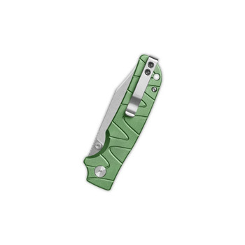 (Button Stick) Open Box/Returned QSP Kali Button Lock Folding Knife Green Aluminum Handle 14C28N Clip Point Plain Edge Stonewash Finish QS159-E1