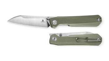 Bestechman Folding Knife Green G10 Handle AEB-L Plain Edge Stonewash/Machine Satin Finish BMK20B