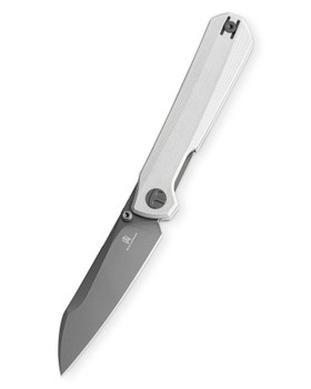 Bestechman Folding Knife White G10 Handle AEB-L Plain Edge Grey PVD Finish BMK20D
