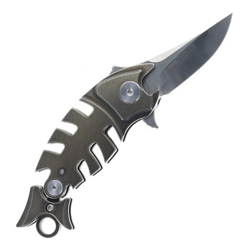 Petrified Fish Helmet Folding Knife Bronze Titanium Handle M390 Plain Edge Satin Finish PF900