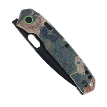 (Damaged Handle) Open Box/Returned Vosteed Folding Knife Canvas Rag Burl/Blue Current Micarta Handle Elmax Drop Point Plain Edge Black Stonewash Finish A2235