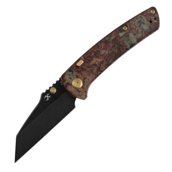 Kansept Main Street Folding Knife Red Rag Burl Micarta Handle Elmax Wharncliffe Plain Edge Blackwash Finish K1015H1