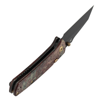 Kansept Main Street Folding Knife Red Rag Burl Micarta Handle Elmax Wharncliffe Plain Edge Blackwash Finish K1015H1