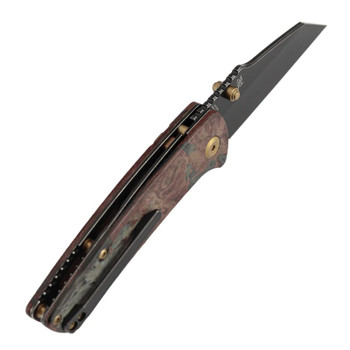 Kansept Main Street Folding Knife Red Rag Burl Micarta Handle Elmax Wharncliffe Plain Edge Blackwash Finish K1015H1