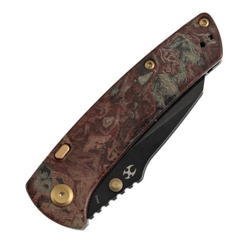 Kansept Main Street Folding Knife Red Rag Burl Micarta Handle Elmax Wharncliffe Plain Edge Blackwash Finish K1015H1