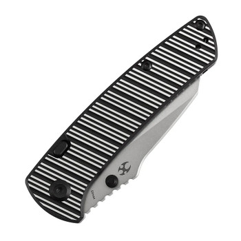Kansept Main Street Folding Knife Black/Plain Aluminum Striped Handle Elmax Plain Edge Stonewash Finish K1015H4
