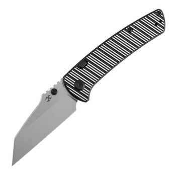 Kansept Main Street Folding Knife Black/Plain Aluminum Striped Handle Elmax Plain Edge Stonewash Finish K1015H4
