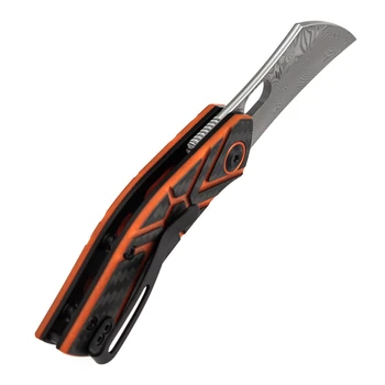 Tenable Osprey Folding Knife Twill Carbon Fiber/Orange G10 Handle Water Ripple Damascus Recurved Hawkbill Plain Edge B2087A4