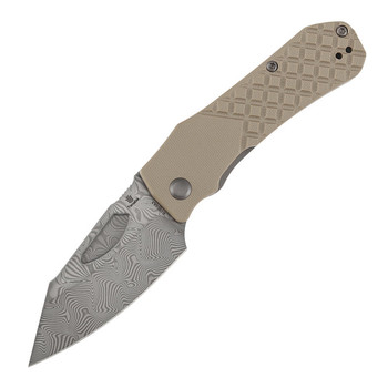 Tenable Loki Folding Knife Tan G10 Handle Water Ripple Damascus Wharncliffe Plain Edge B1058A3