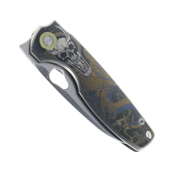 TwoSun Folding Knife Engraved Dragon Titanium/Carbon Fiber Handle M390 Drop Point Plain Edge TS129-M390-Engraved-Dragon