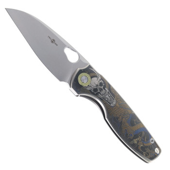 TwoSun Folding Knife Engraved Dragon Titanium/Carbon Fiber Handle M390 Drop Point Plain Edge TS129-M390-Engraved-Dragon