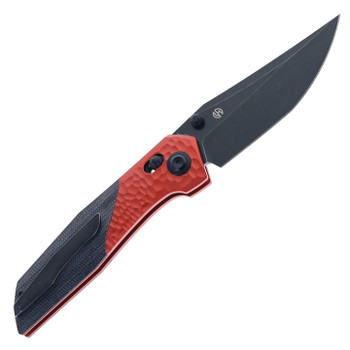 Kansept Deadite Folding Knife Red Aluminum Rock Texture/Black Micarta Handle 154CM Plain Edge Blackwash Finish T1081V3