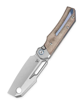 Bestech Nyrrdreki Folding Knife Natural Canvas Micarta/Titanium Handle M390 Cleaver Plain Edge Stonewash Finish BT2607A