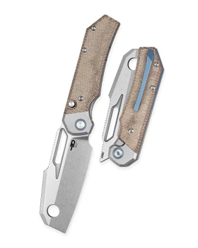Bestech Nyrrdreki Folding Knife Natural Canvas Micarta/Titanium Handle M390 Cleaver Plain Edge Stonewash Finish BT2607A