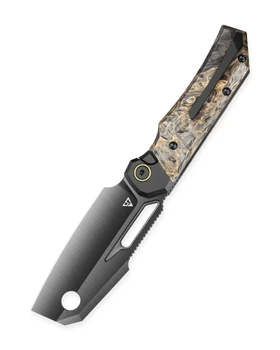 Bestech Nyrrdreki Folding Knife Dark Matter Gold Fatcarbon/Black PVD Titanium Handle M390 Cleaver Plain Edge Machine Satin DLC Finish BT2607D