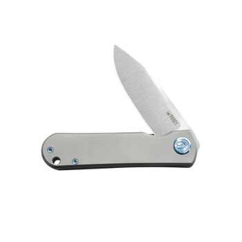 Kubey NEO Folding Knife Grey Titanium Handle S35VN Plain Edge Belt Satin Finish KB359A