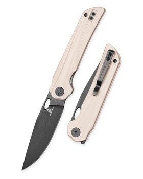 Bestechman Smuga Folding Knife Champagne G10 Handle AEB-L Plain Edge Black PVD Stonewash Finish BMK22F