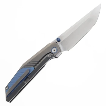 Ketuo Raijin Folding Knife Blue Ti Handle M390 Plain Bead Blast Raijin BL/P