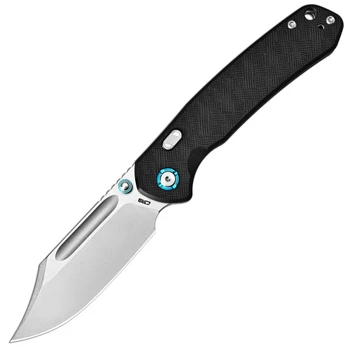 CJRB Bowie Pyrite Folding Knife Black Textured G10 Handle AR-RPM9 Clip Point Plain Edge Stonewash Finish J1942X-BK