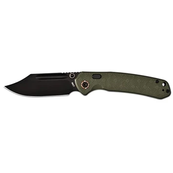 CJRB Bowie Pyrite Folding Knife Green Textured G10 Handle AR-RPM9 Clip Point Plain Edge Black PVD Finish J1942X-BGN