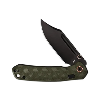 CJRB Bowie Pyrite Folding Knife Green Textured G10 Handle AR-RPM9 Clip Point Plain Edge Black PVD Finish J1942X-BGN