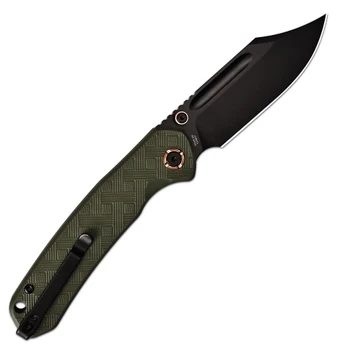 CJRB Bowie Pyrite Folding Knife Green Textured G10 Handle AR-RPM9 Clip Point Plain Edge Black PVD Finish J1942X-BGN
